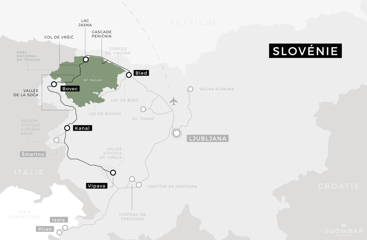 Mapa del Parque Nacional Triglav y el cauce del río Soca